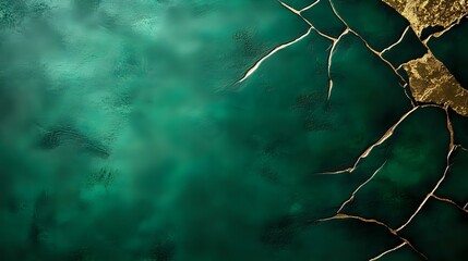 Cracked golden pattern on emerald green background with organic texture and flowing design creates luxurious abstract art composition for modern decor.