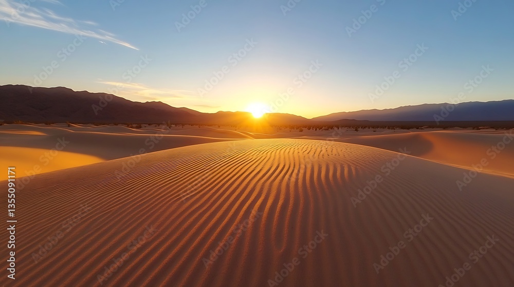 Poster stunning sunset over rolling sand dunes in a desert landscape with shadows and textures formed by wi