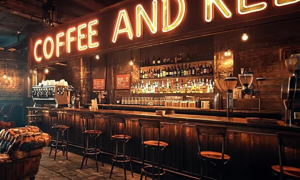 Coffee shop interior with neon sign "Coffee and Relax", wooden bar, stools, and vintage furniture.