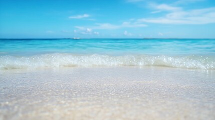 Fototapeta premium Crystal clear waves gently lapping against a pristine sandy beach under a bright blue sky on a sunny day : Generative AI