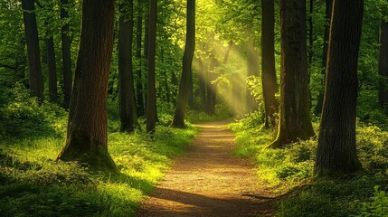 Naklejka premium Sunlight beams through towering trees illuminating a forest path