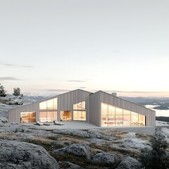 Modern coastal house with sunset view.