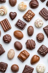 delicious chocolates of different flavors and styles, white background.