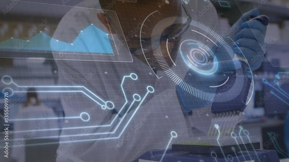 Poster in school, scientist using animation for futuristic data visualization in lab