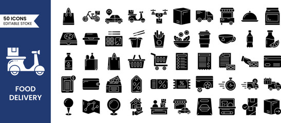 Food Delivery icons set in solid style. Order food, restaurant, fast food, scooter, deliver, take away and more. Vector illustration