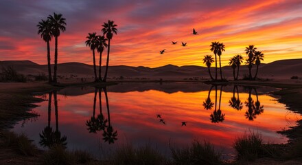 Desert Oasis Sunset Reflection - Stunning sunset over a desert oasis, palm trees reflected in calm water, birds in flight. Serene landscape