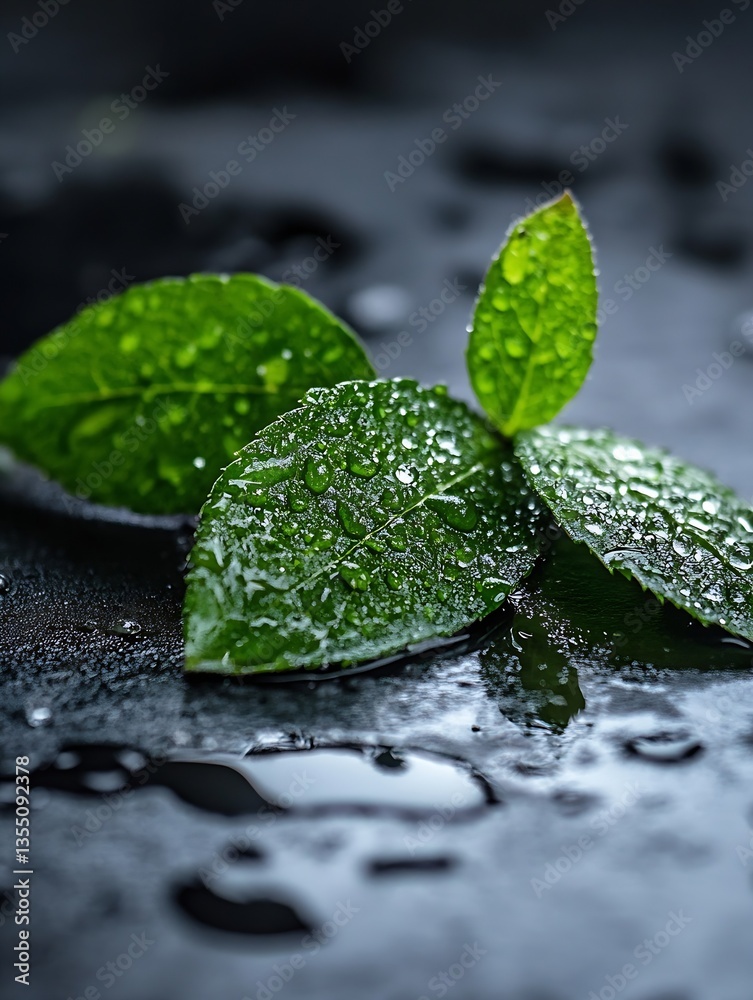 Poster closeup of fresh green leaves with water droplets creating a natural and refreshing vibe : generativ