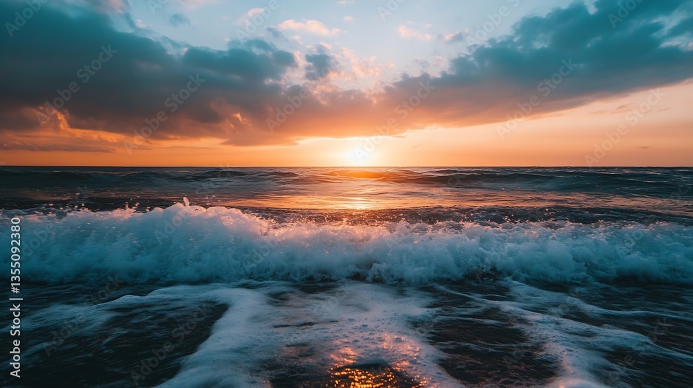 Aufkleber stunning ocean sunset with waves crashing on the shore and vibrant colors painting the sky creating 