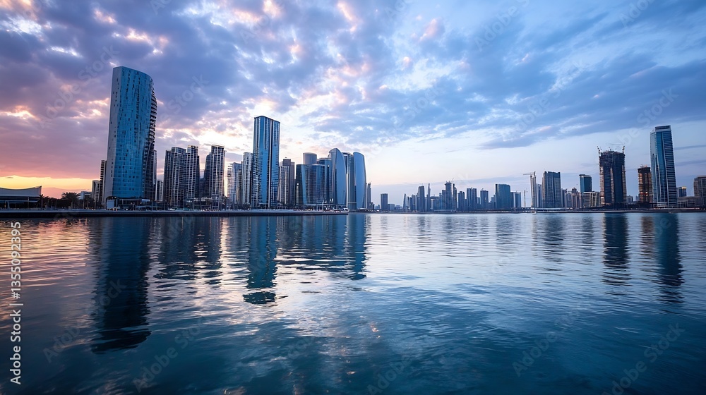 Aufkleber modern city skyline at twilight reflecting on water with vibrant clouds in the background : generati