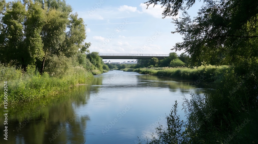 Poster serene landscape view of a calm river surrounded by lush greenery and trees under a bright blue sky 