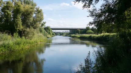 Serene landscape view of a calm river surrounded by lush greenery and trees under a bright blue sky : Generative AI