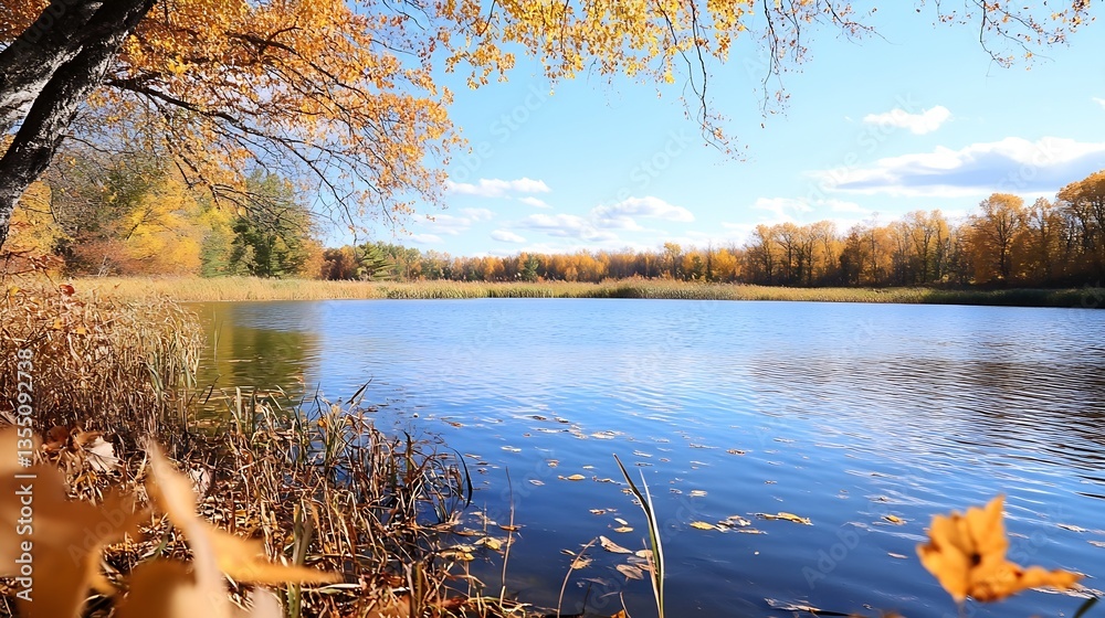Poster Tranquil lakeside view with autumn foliage and blue skies creating a picturesque fall scene : Generative AI