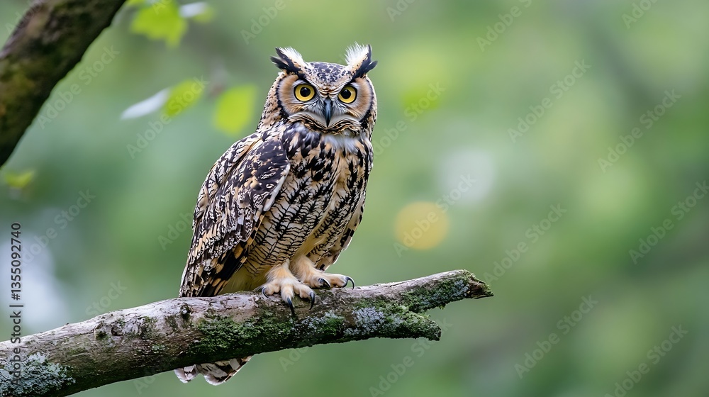 Poster majestic owl perched on a branch captivating gaze in a serene natural setting : generative ai
