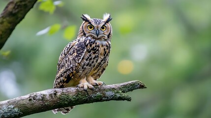 Obraz premium Majestic owl perched on a branch captivating gaze in a serene natural setting : Generative AI