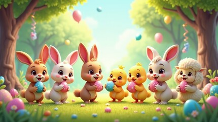Obraz premium Happy Easter Bunnies and Chicks with Decorated Eggs in a Spring Garden