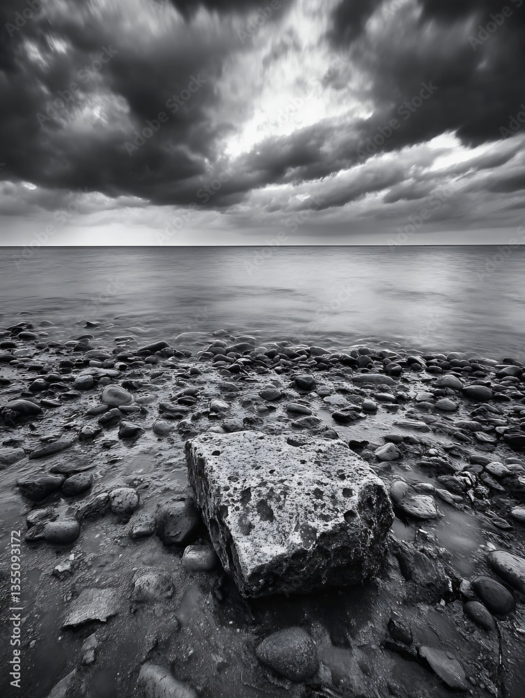 Aufkleber dramatic shoreline scene featuring textured rocks and moody clouds reflecting over a tranquil sea : 