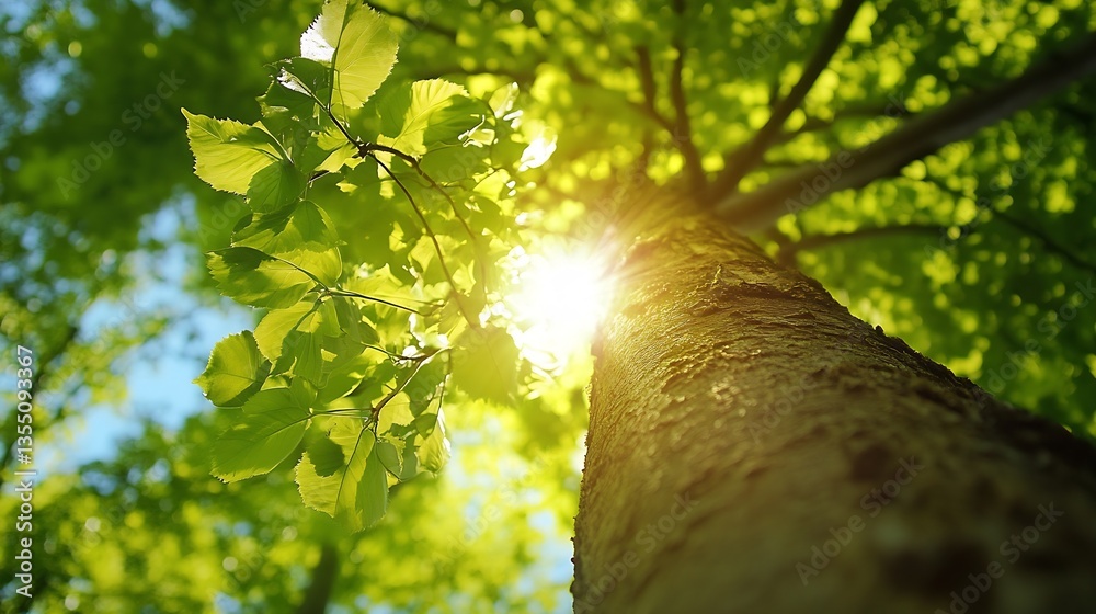 Aufkleber Sunlight filtering through lush green leaves of a tall tree in forest : Generative AI