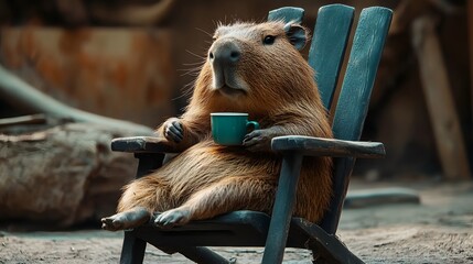 a capybara sitting in a chair drinking a cup of coffee