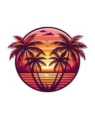 Create a retro-styled illustration of a vibrant sunset scene featuring silhouetted palm trees, evocative of vintage travel posters.