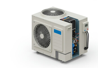 Efficient Heat Pump System - High-efficiency heat pump unit, showcasing internal components, ideal for home or . Provides both heating and cooling