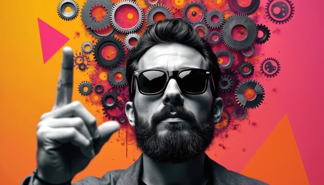 Surreal portrait man with beard, sunglasses, gears hair, pointing upward. Vibrant background cogs, colorful shapes. Concept creativity, innovation, idea, thinking, vision. Digital art, futuristic