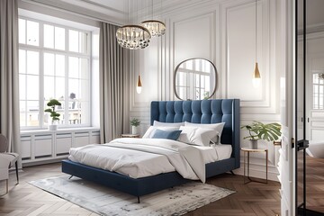 Obraz premium Modern Luxury Home Interior Bedroom Design with Mockup Frame , Wall Poster (3d Render)