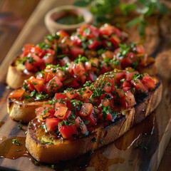 Fresh bruschetta with dried meat, herbs and butter on a wooden board