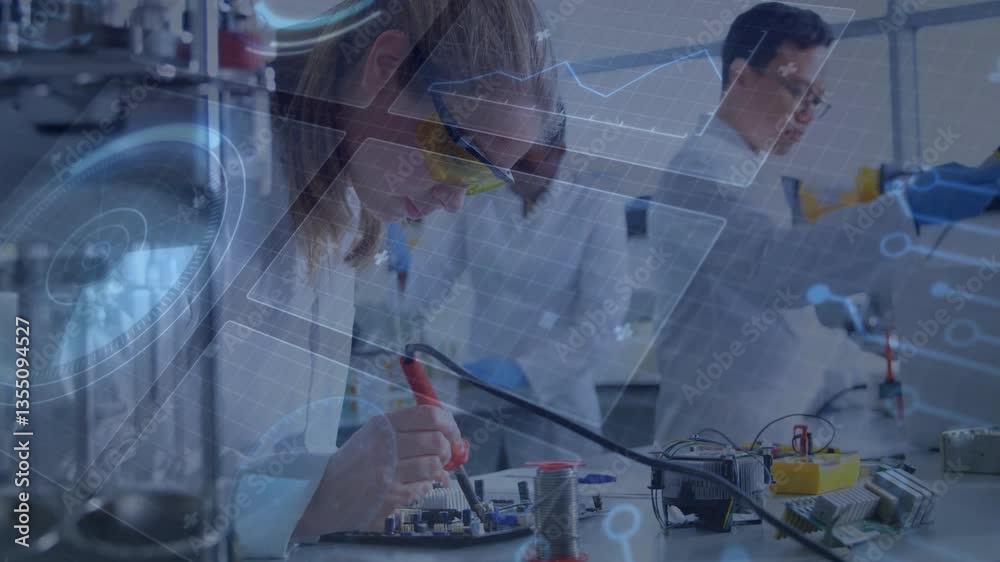 Poster scientists working on electronics with digital data processing animation overlay