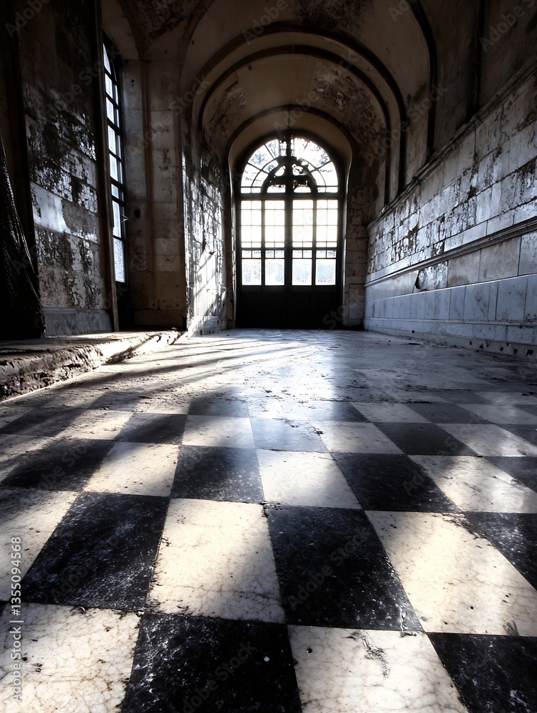 Poster interior view of an abandoned building showcasing distressed floor tiles and beautiful sunlight : ge