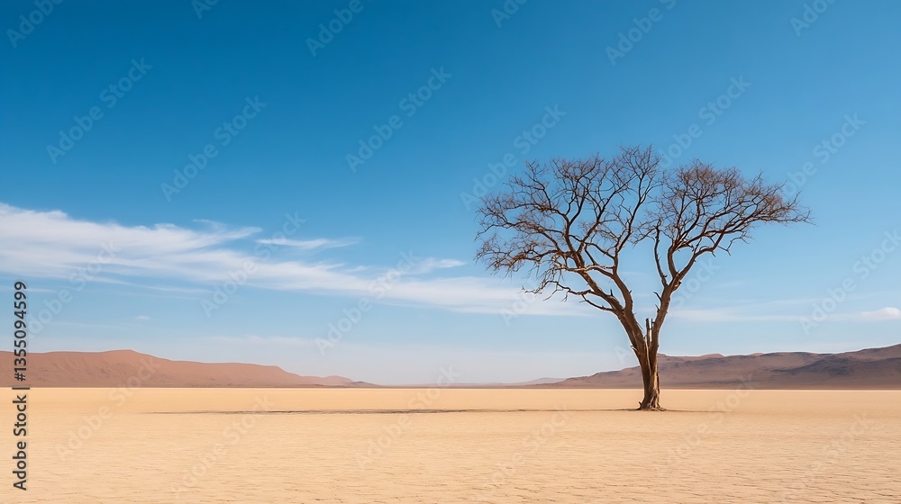 Poster lonely tree standing amidst a vast desert landscape under a clear sky : generative ai