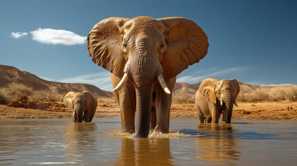 A group of elephants gracefully wade through shallow water in a stunning natural landscape, showcasing their beauty and strength in their natural habitat under the bright sky.