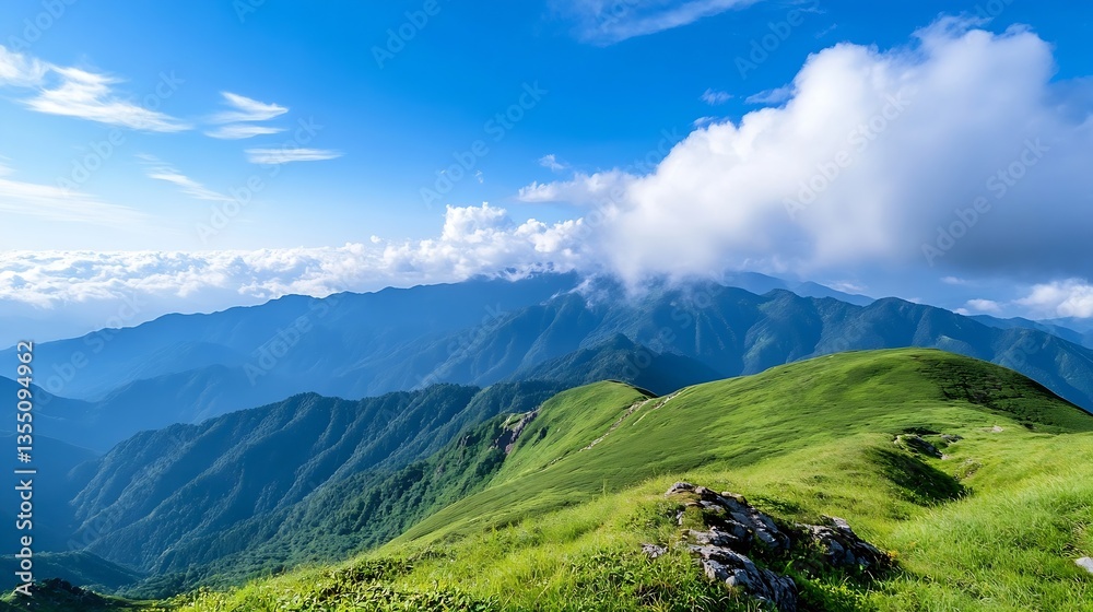 Poster expansive scenic view of rolling green hills and mountain range under a bright blue sky with fluffy 
