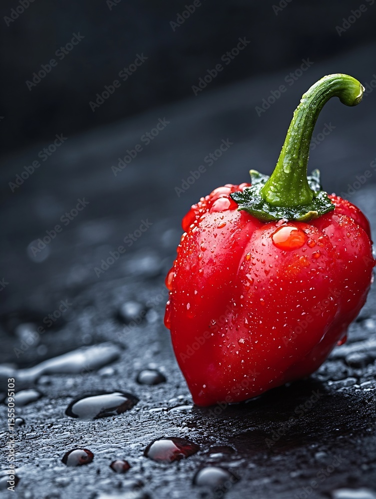 Poster vivid red chili pepper with water droplets on a black surface capturing freshness and vibrancy : gen