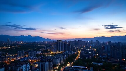 Fototapeta premium Breathtaking city skyline during twilight showcasing urban lights and distant mountains : Generative AI