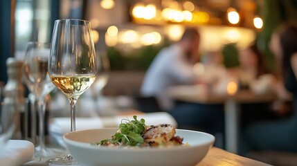 Elegant dining experience with fine cuisine and a glass of white wine in a cozy restaurant atmosphere : Generative AI