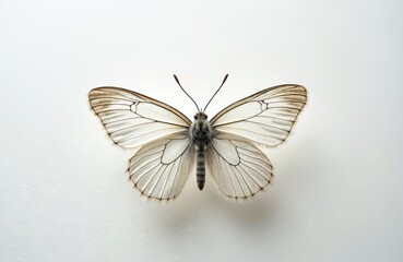 Obraz premium Delicate white butterfly with subtle patterns against white backdrop. Insect macro nature animal. Wing detail on plain background. Beauty, summer, wildlife, closeup concept.