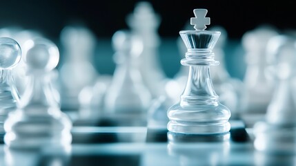 Closeup of glass chess pieces with a focus on a crystal king piece showcasing strategy and intellect : Generative AI