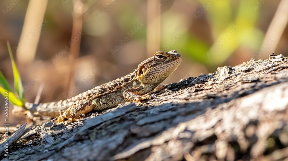Aufkleber Lizard resting on a log with vibrant colors and natural sunlight in a serene environment : Generative AI