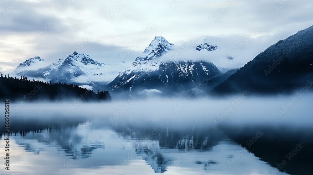 Poster majestic mountain peaks shrouded in fog reflecting on a still lake during twilight : generative ai