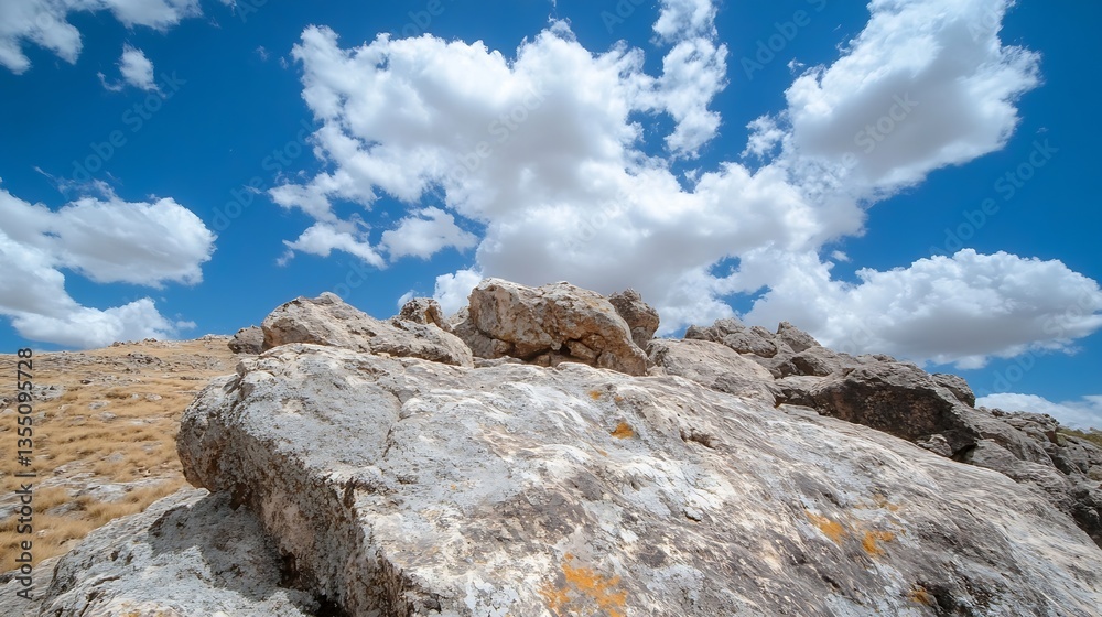 Poster breathtaking view of large rock formations under a bright blue sky with fluffy clouds creating a dra