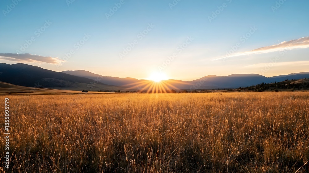 Poster golden sunrise over mountain range illuminating open field with warm light : generative ai