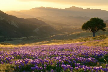 Obraz premium A field of purple flowers with a tree and mountains in the background during a golden sunset landscape view