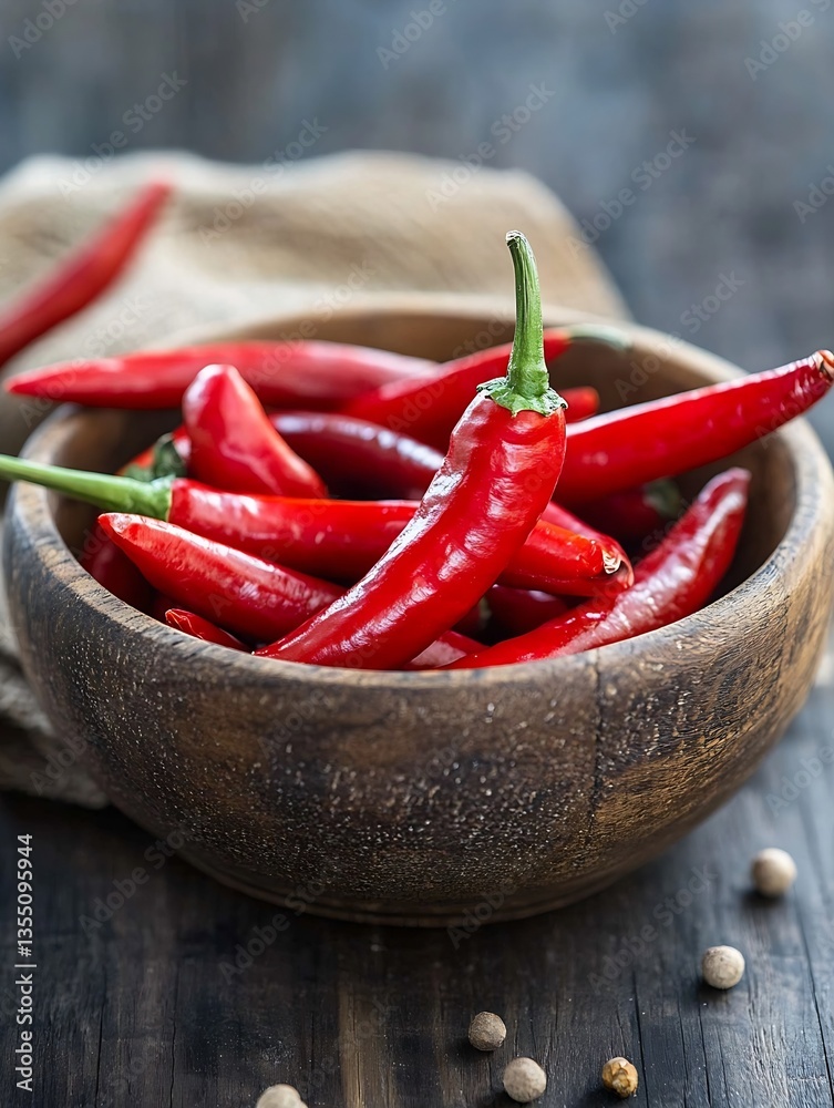 Poster fresh and spicy red chili peppers displayed in a rustic wooden bowl : generative ai