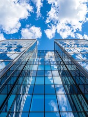 Obraz premium Stunning view of modern glass skyscrapers reflecting clouds and blue sky from below : Generative AI