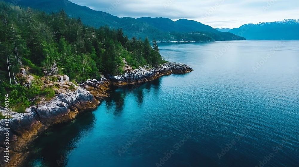 Poster serene coastal view with lush greenery and calm waters reflecting the mountains in the distance : ge
