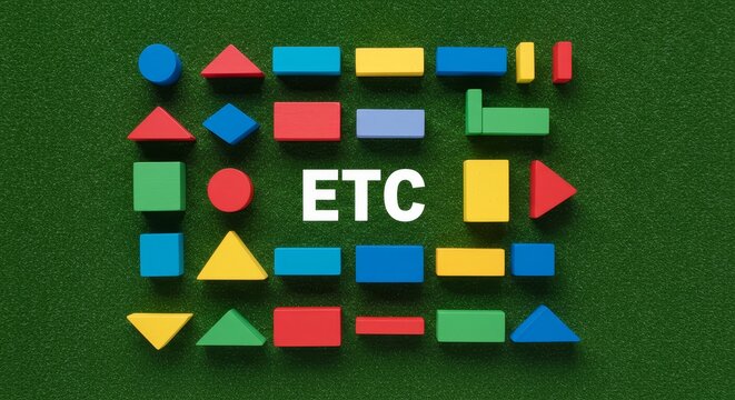 ETC Business Concept: Colorful Wood Blocks on Green Background - Aerial view of colorful wooden blocks arranged to spell ETC, symbolizing business growth, strategy, planning, teamwork, and innovation