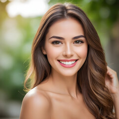 Naklejka premium Beautiful smiling woman with long brown hair enjoying nature