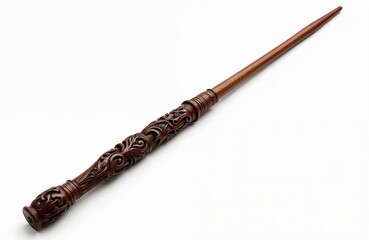 Ornate wooden magic wand with intricate carvings. Dark brown color, isolated on white background. Mystic fantasy prop for cosplay, wizardry, magic spells, witchcraft and wizarding.