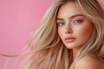 Fototapeta premium Portrait of a Beautiful Blonde Woman with Fair Skin and Blue Eyes on Pink Background