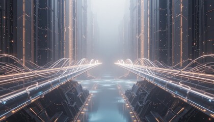 Futuristic digital pathway exploration virtual environment 3d render technological innovation high-tech aesthetics conceptual visualization
